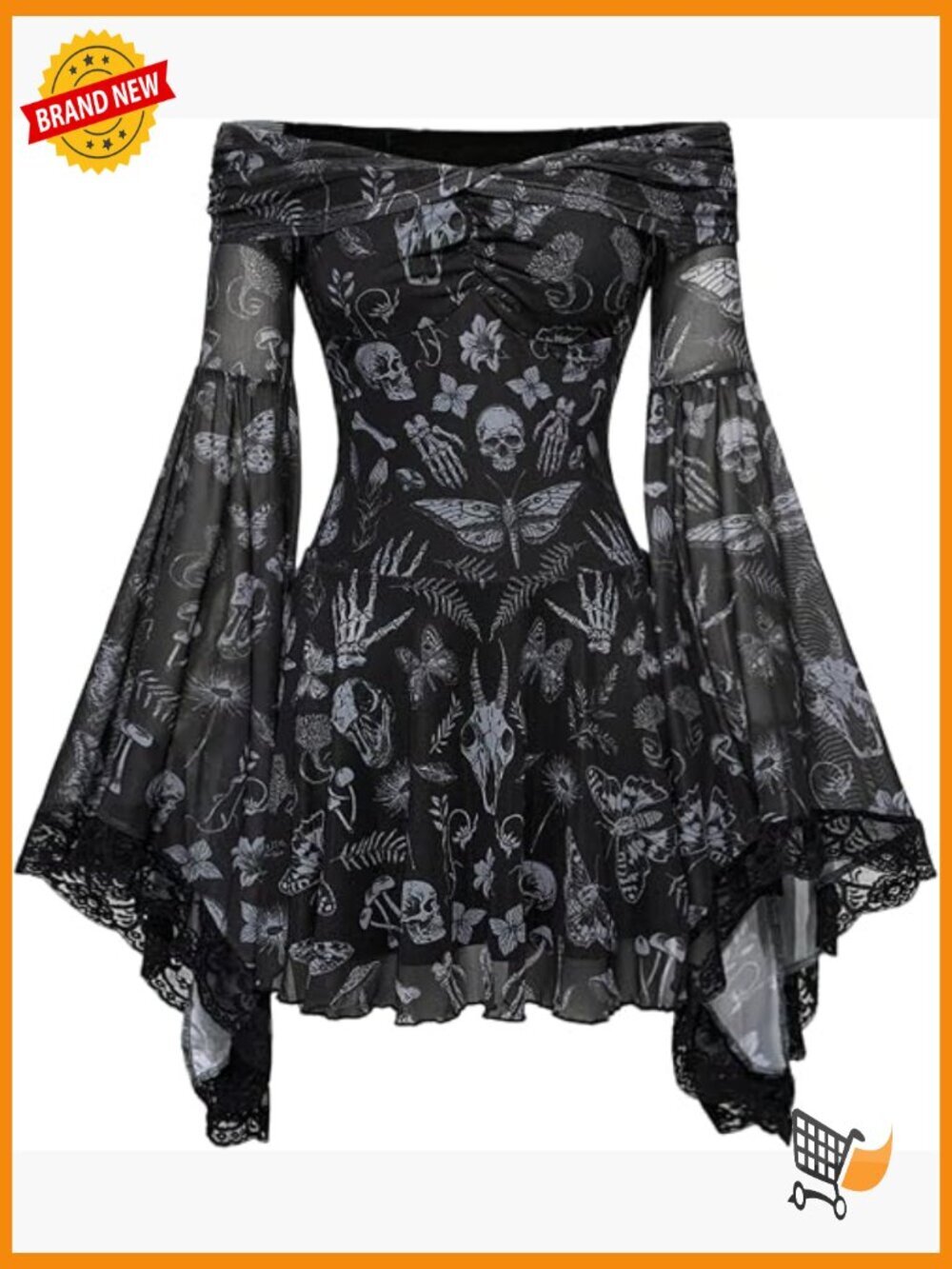 Off Shoulder Gothic Print Dress Bell Sleeve Mesh Short Dress